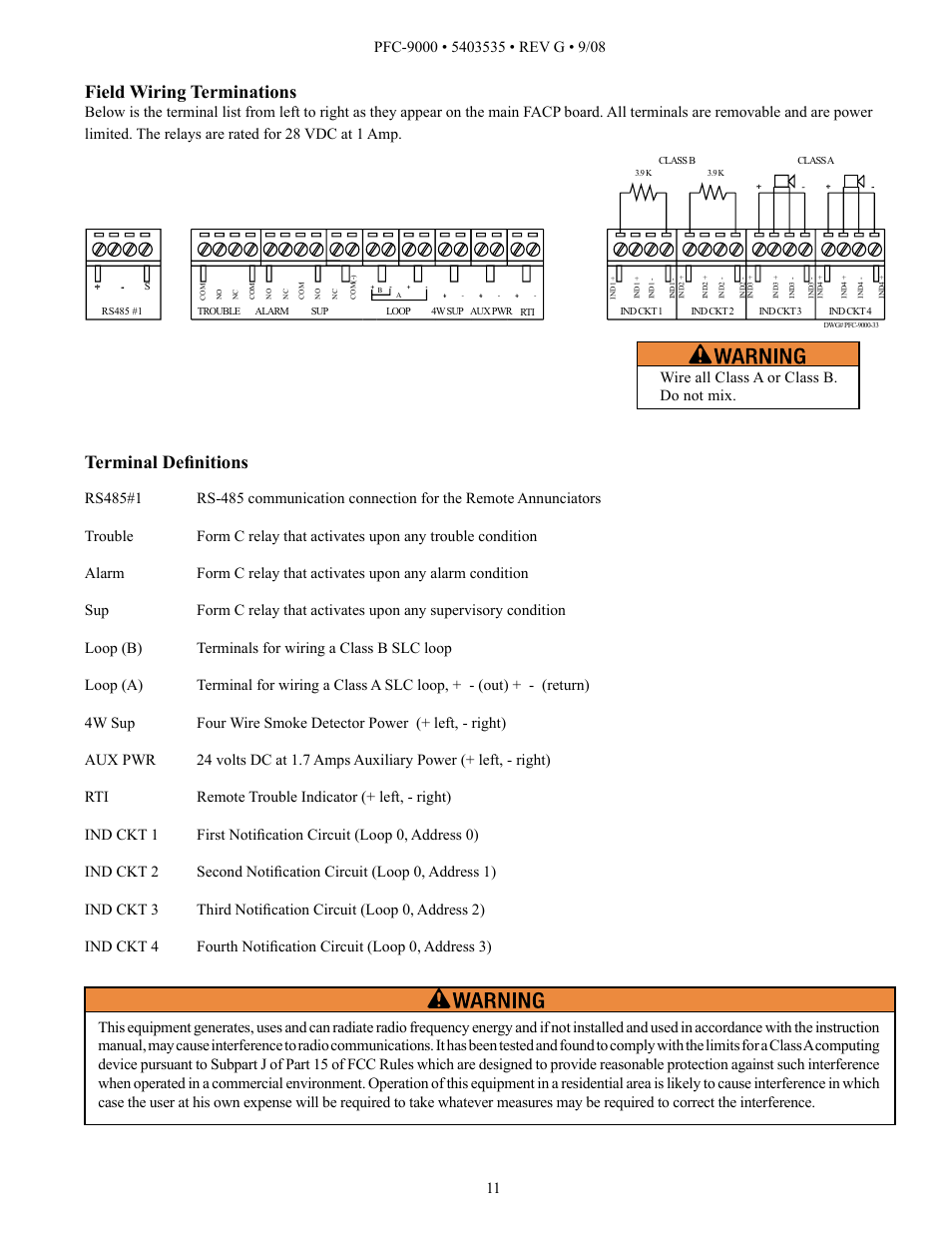 Field wiring terminations, Terminal definitions | Potter PFC-9000 Series User Manual | Page 11 / 90