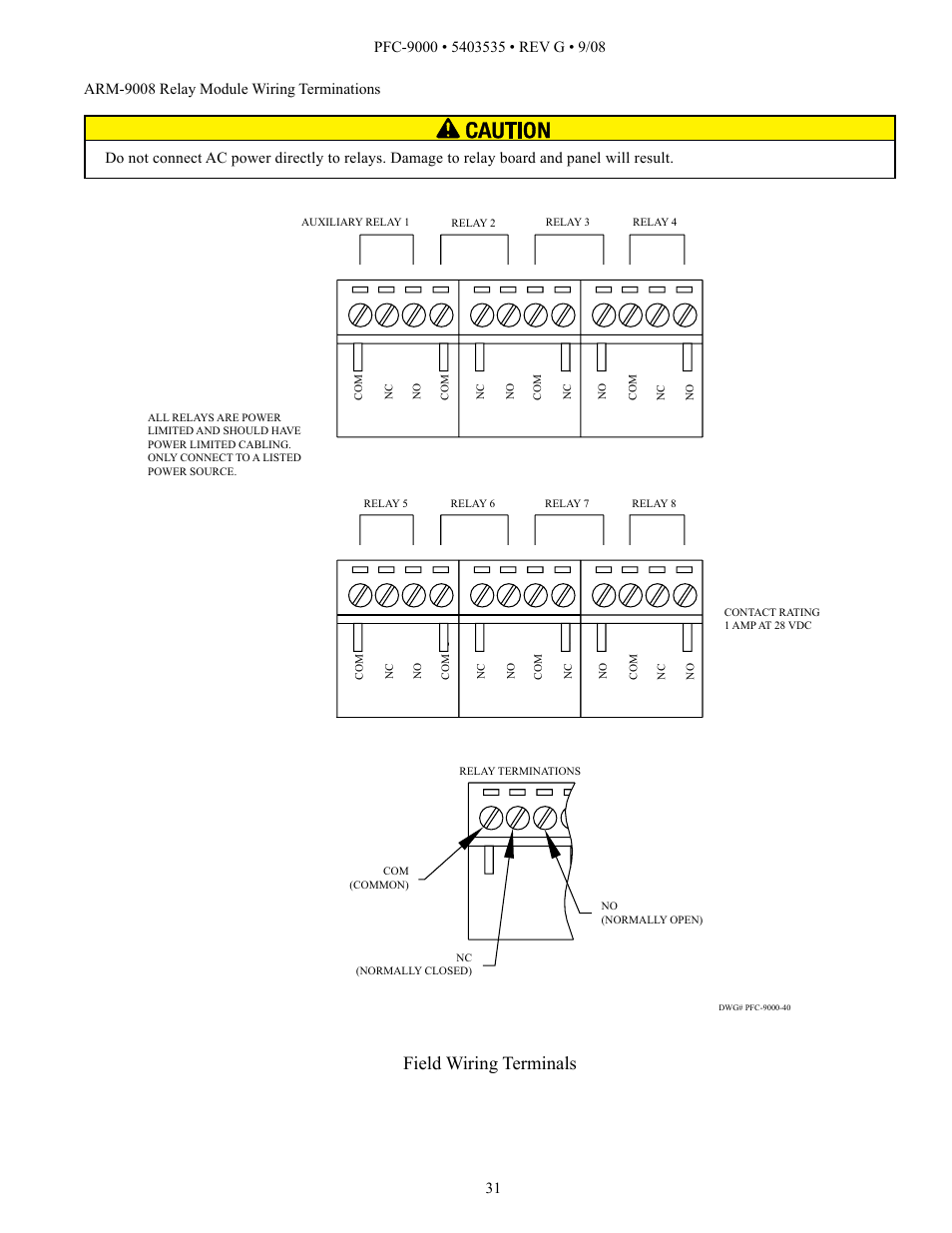 Field wiring terminals, Arm-9008 relay module wiring terminations | Potter PFC-9000 Series User Manual | Page 31 / 90