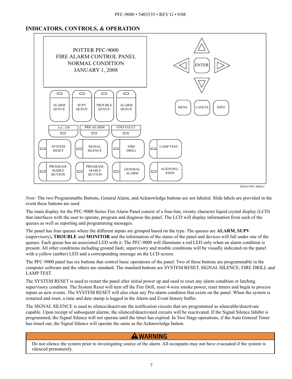 Indicators, controls, & operation | Potter PFC-9000 Series User Manual | Page 7 / 90