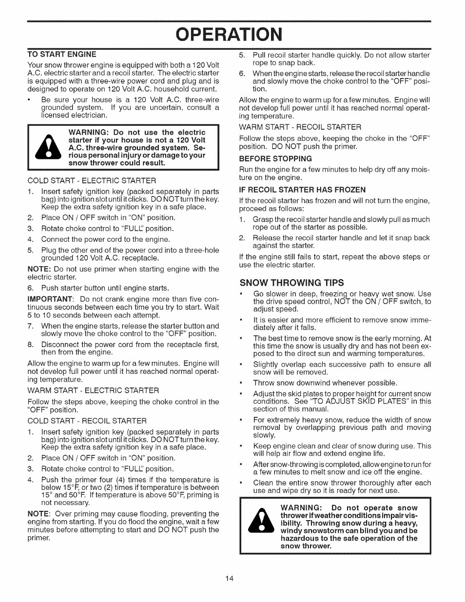 Snow throwing tips, Operation | Craftsman 917.881064 User Manual | Page 14 / 68