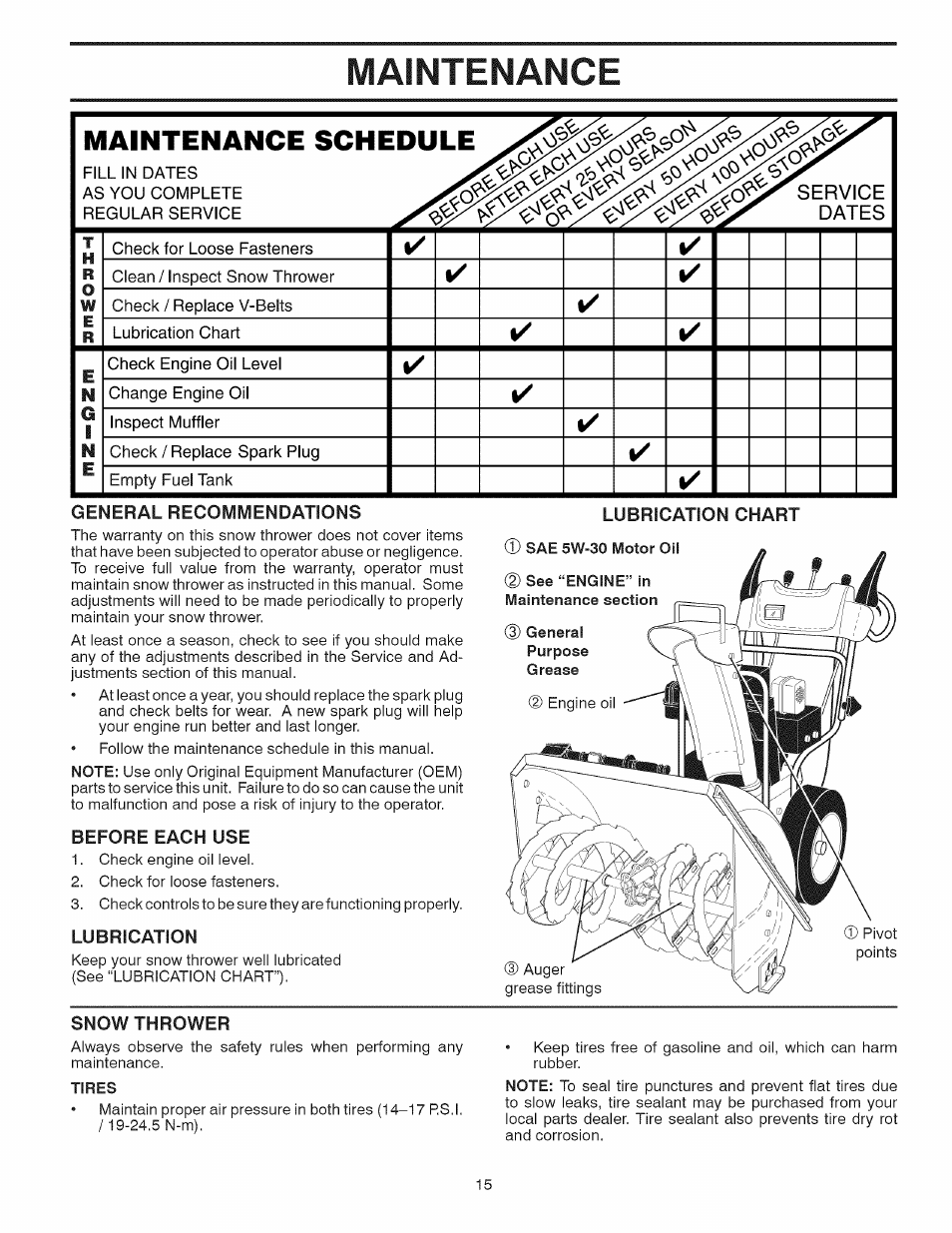 Rvice, Dates, Lubrication | Snow thrower, Maintenance, Maintenance schedule, Rvice dates | Craftsman 917.881064 User Manual | Page 15 / 68