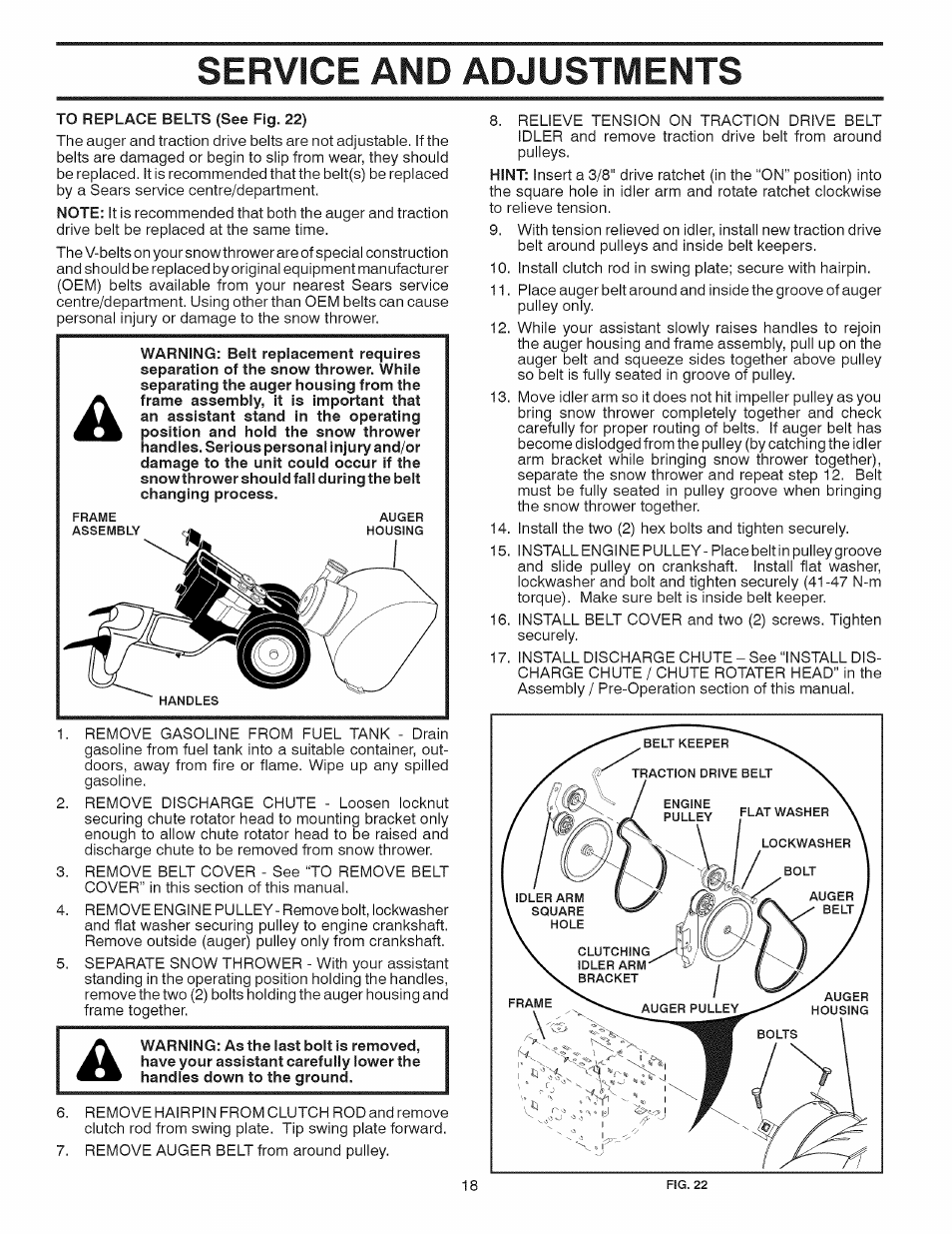 Service and adjustments | Craftsman 917.881064 User Manual | Page 18 / 68