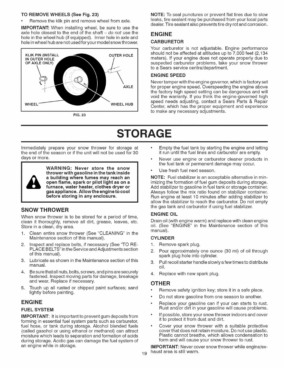 Engine, Snow thrower, Other | Storage | Craftsman 917.881064 User Manual | Page 19 / 68