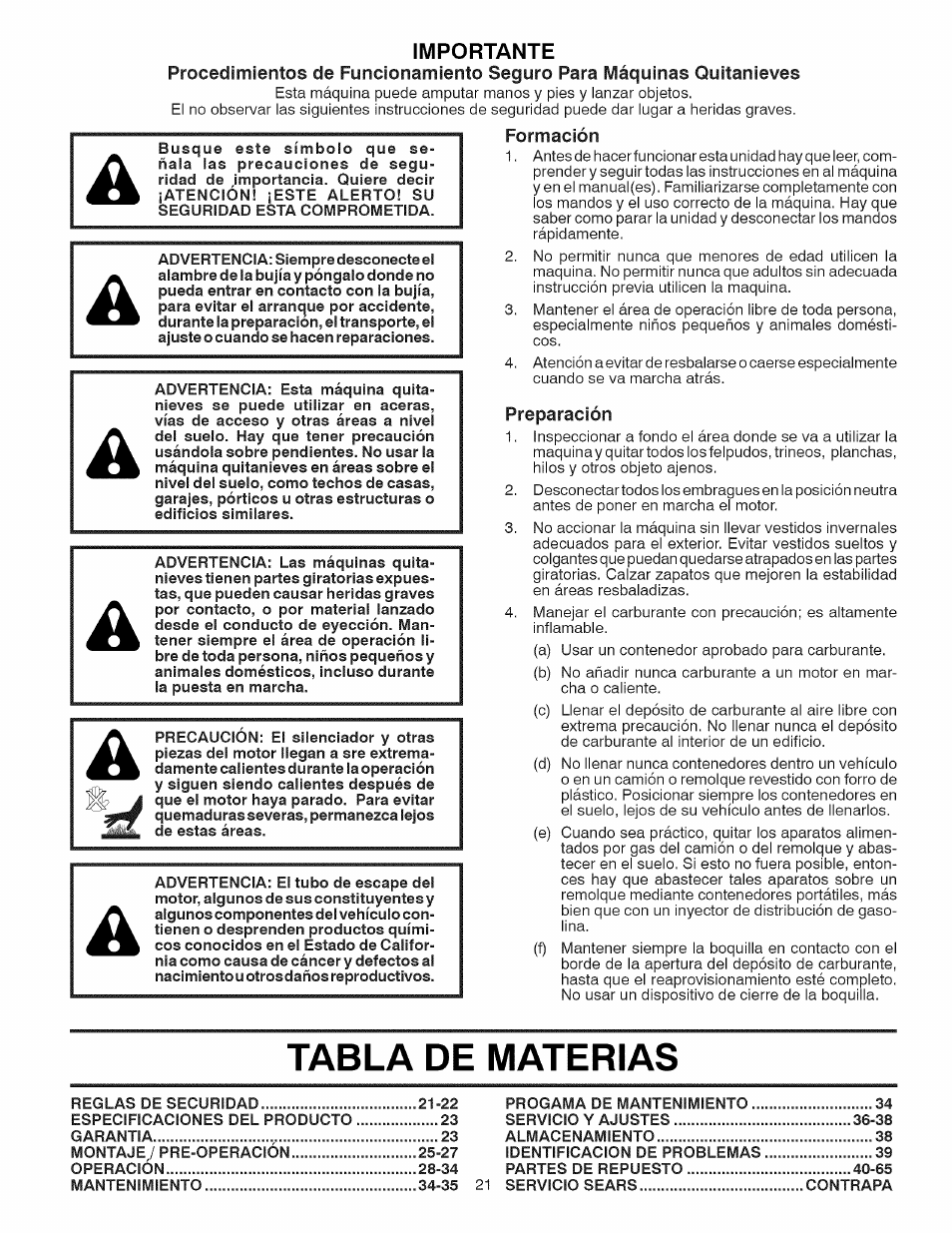 Importante, Tabla de materias | Craftsman 917.881064 User Manual | Page 21 / 68