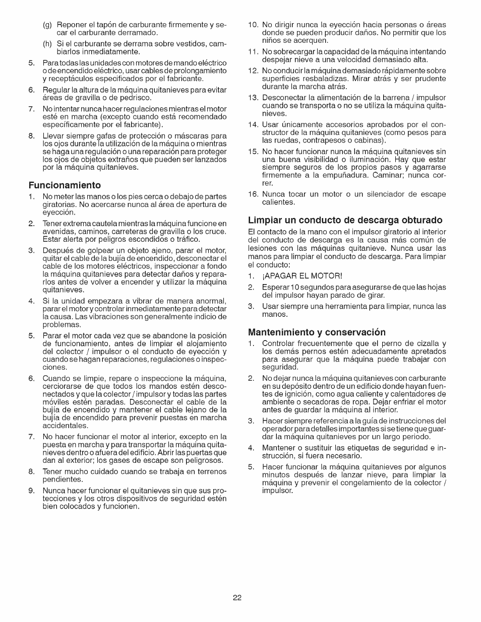 Funcionamiento, Limpiar un conducto de descarga obturado, Mantenimiento y conservación | Craftsman 917.881064 User Manual | Page 22 / 68