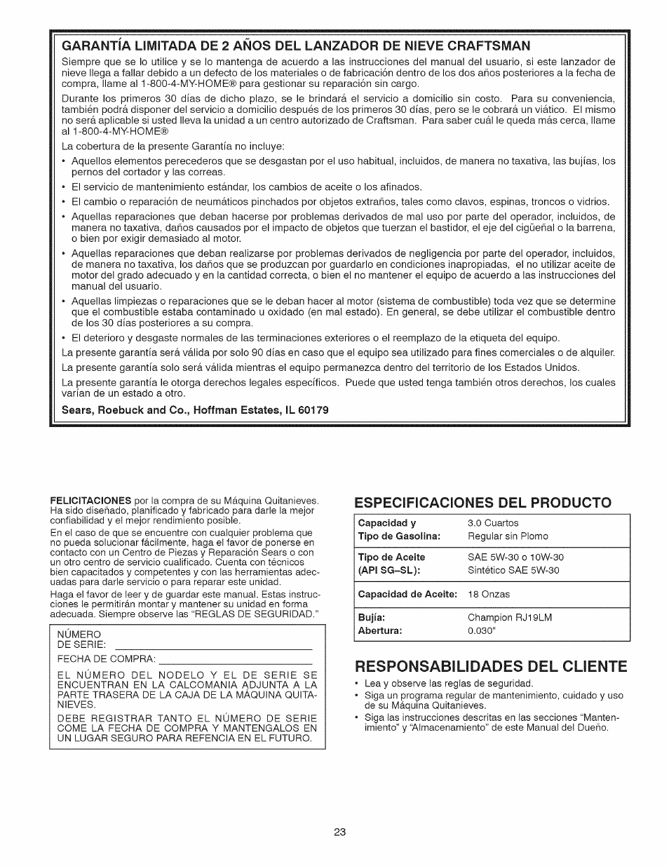 Especificaciones del producto, Responsabilidades del cliente | Craftsman 917.881064 User Manual | Page 23 / 68