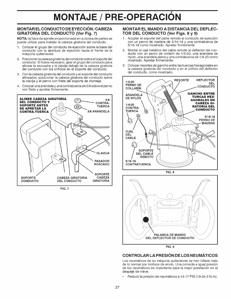 Montar el conducto de eyección/cabeza, Controlar la presion de los neumaticos, Montaje / pre-operacion | Craftsman 917.881064 User Manual | Page 27 / 68