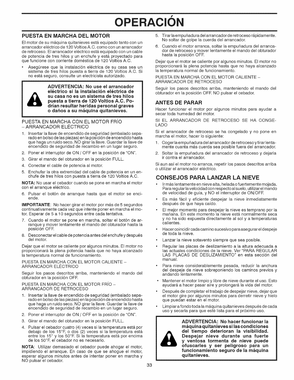 Antes de parar, Consejos para lanzar la nieve, Operacion | Puesta en marcha del motor | Craftsman 917.881064 User Manual | Page 33 / 68