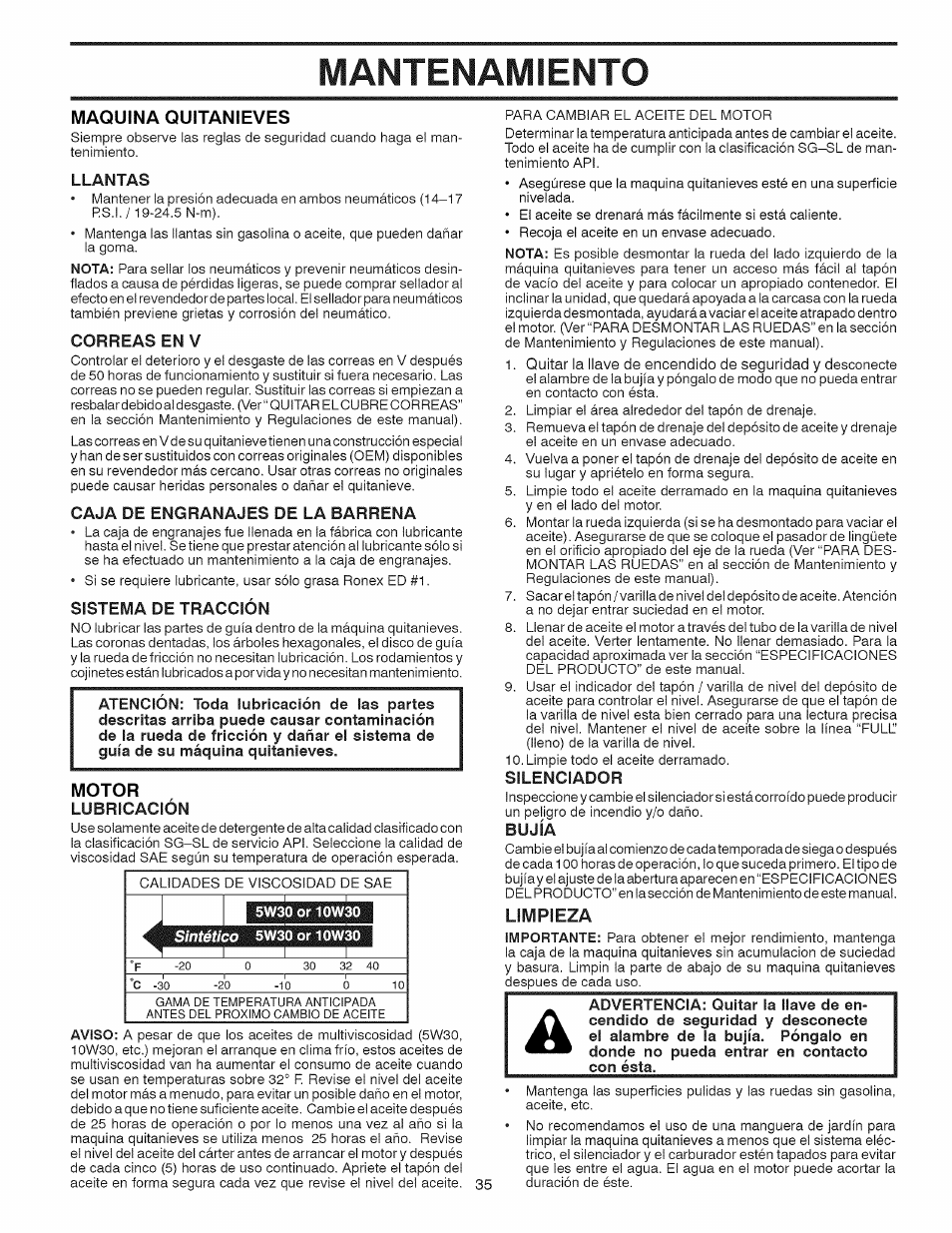 Maquina quitanieves, Correas en v, Caja de engranajes de la barrena | Sistema de tracción, Mqtqr, Lubricación, Silenciador, Bujía, Limpieza, Mantenamiento | Craftsman 917.881064 User Manual | Page 35 / 68