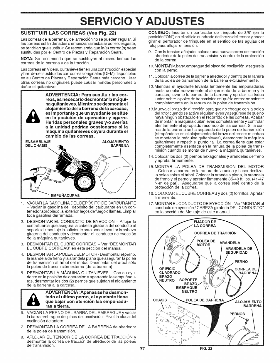 Servicio y adjustes | Craftsman 917.881064 User Manual | Page 37 / 68