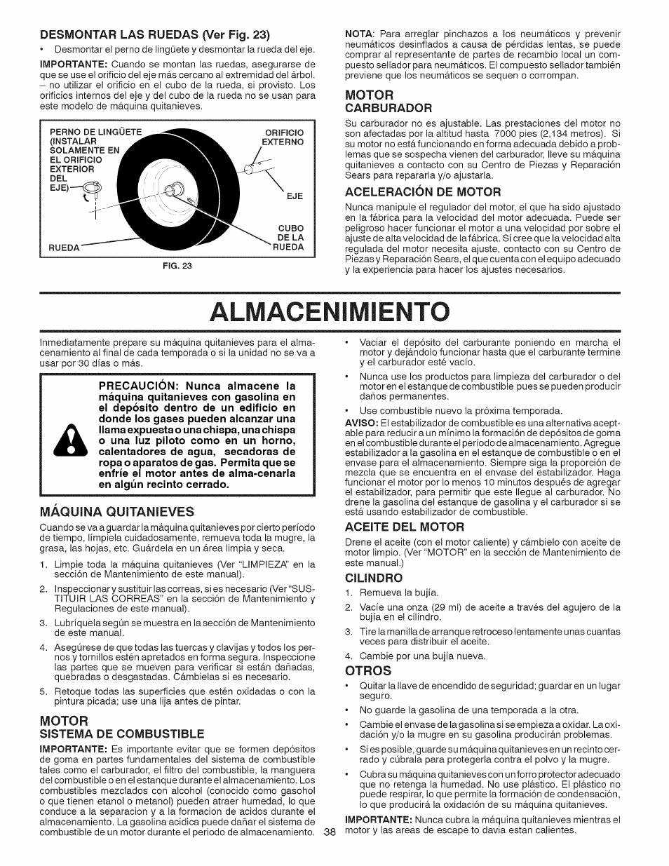 Motor, Carburador, Aceleración de motor | Maquina quitanieves, Mqtqr, Sistema de combustible, Aceite del motor, Cilindro, Qtrqs, Almacenimiento | Craftsman 917.881064 User Manual | Page 38 / 68