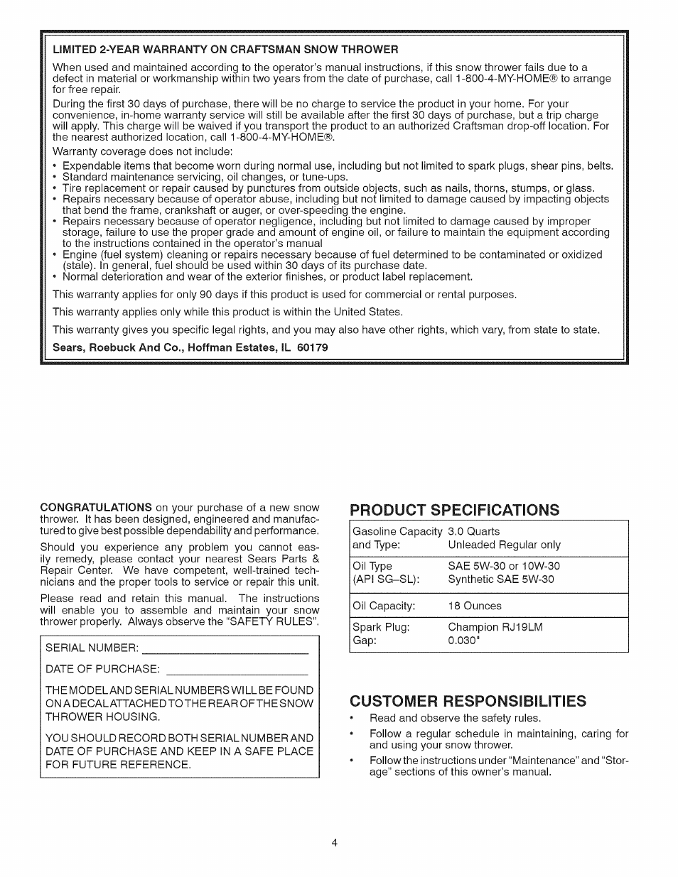 Product specifications, Customer responsibilities | Craftsman 917.881064 User Manual | Page 4 / 68