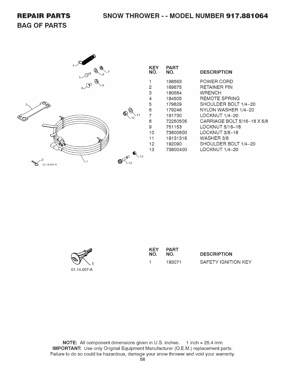 Repair parts bag of parts | Craftsman 917.881064 User Manual | Page 58 / 68