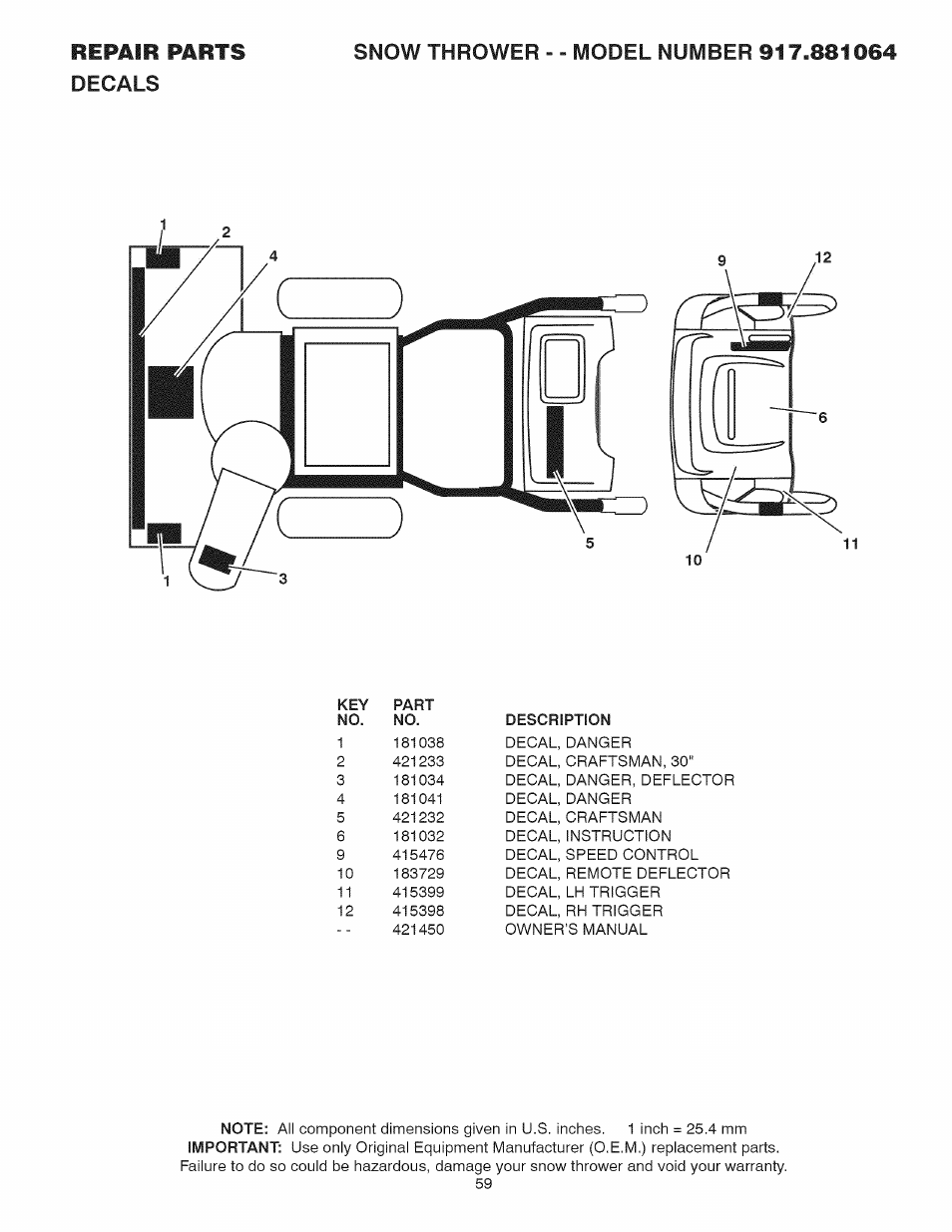 Repair parts decals | Craftsman 917.881064 User Manual | Page 59 / 68