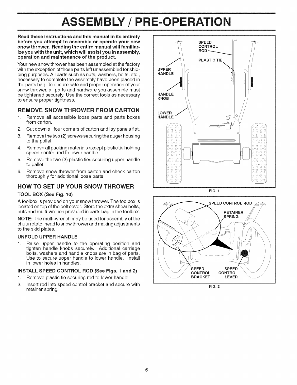 Remove snow thrower from carton, How to set up your snow thrower, Assembly / pre-operation | Craftsman 917.881064 User Manual | Page 6 / 68