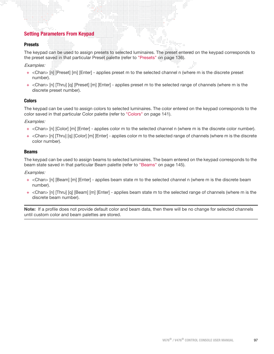 Setting parameters from keypad, Presets, Colors | Beams, Presets colors beams | PRG V676 User Manual 3.5 User Manual | Page 115 / 444