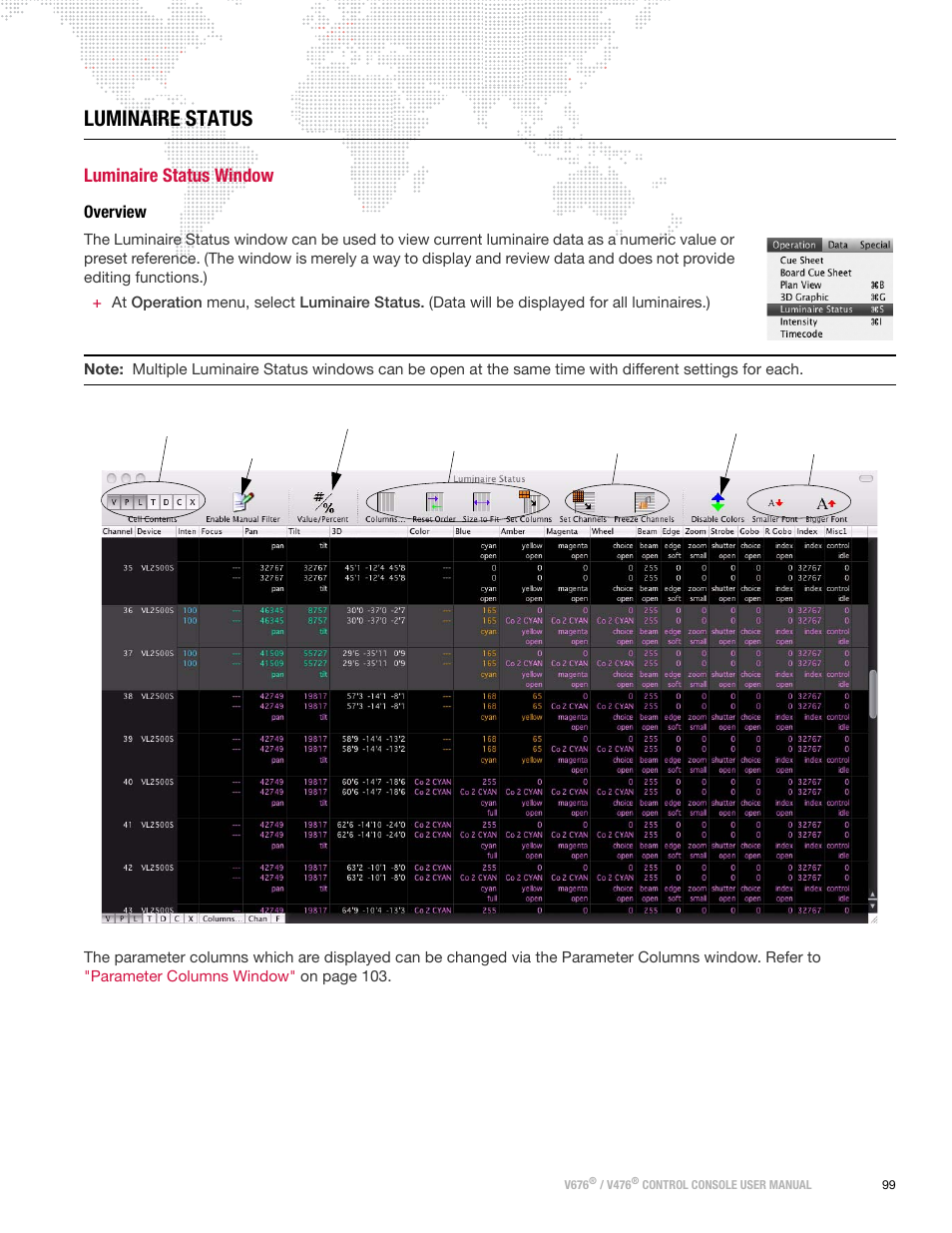 Luminaire status, Luminaire status window, Overview | PRG V676 User Manual 3.5 User Manual | Page 117 / 444