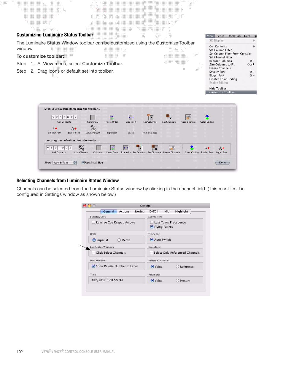 Customizing luminaire status toolbar, Selecting channels from luminaire status window | PRG V676 User Manual 3.5 User Manual | Page 120 / 444