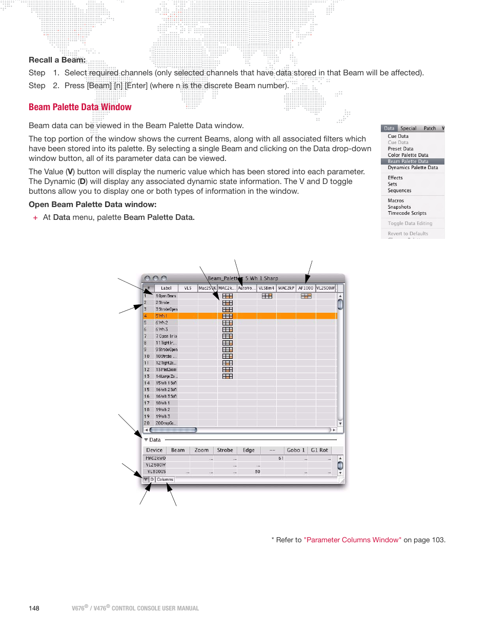 Beam palette data window | PRG V676 User Manual 3.5 User Manual | Page 166 / 444