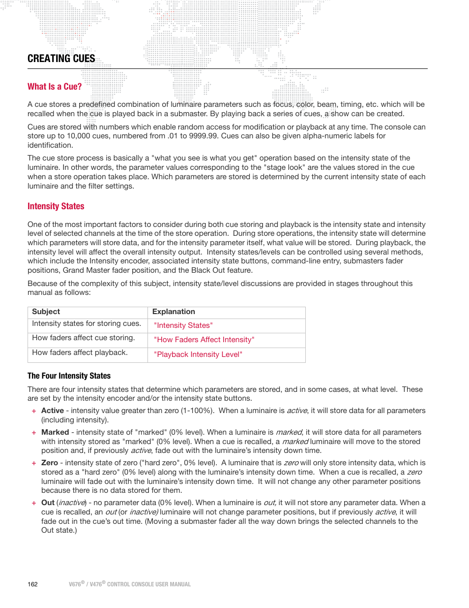 Creating cues, What is a cue, Intensity states | The four intensity states, What is a cue? intensity states | PRG V676 User Manual 3.5 User Manual | Page 180 / 444