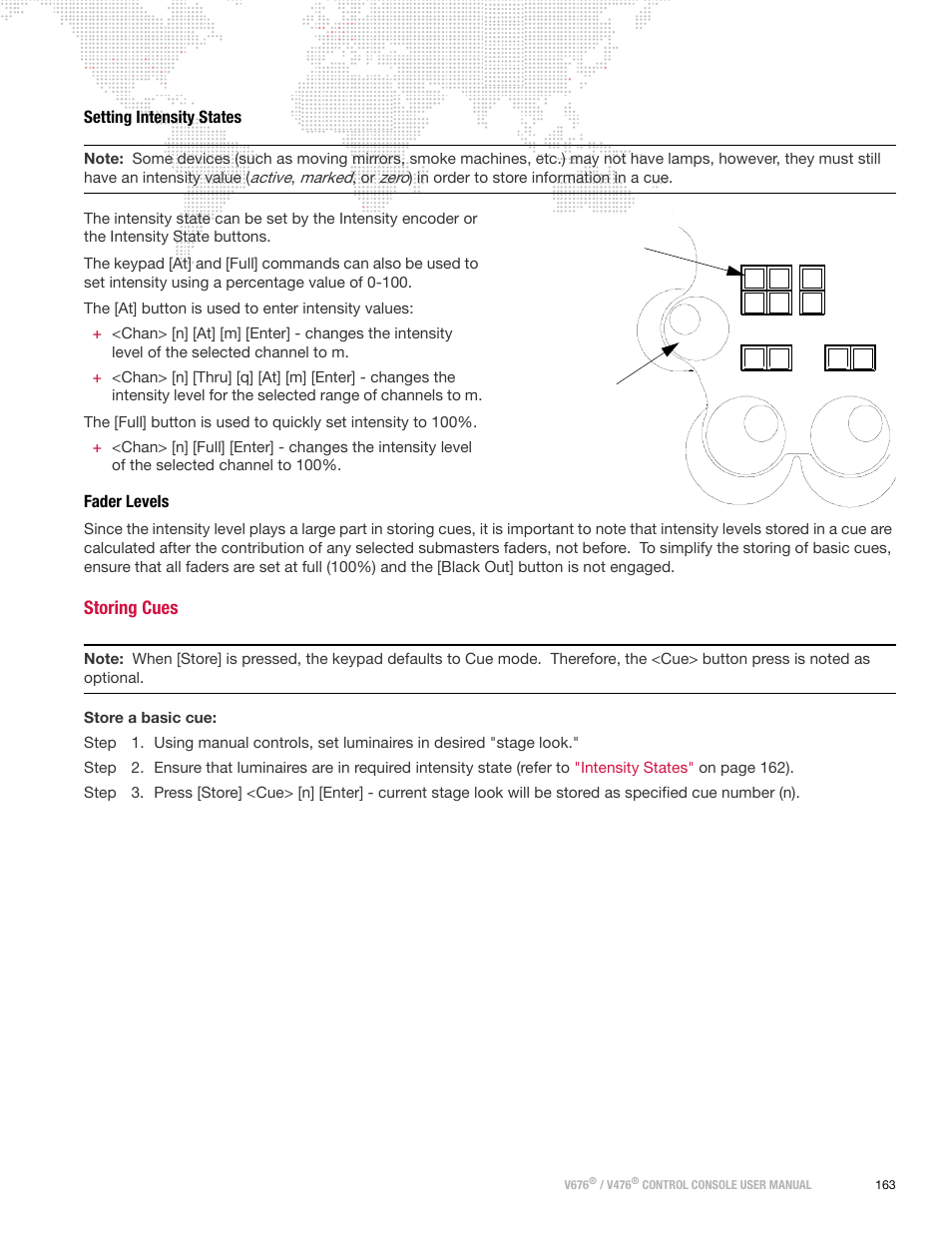 Setting intensity states, Fader levels, Storing cues | Setting intensity states fader levels, Active, Marked, Zero | PRG V676 User Manual 3.5 User Manual | Page 181 / 444