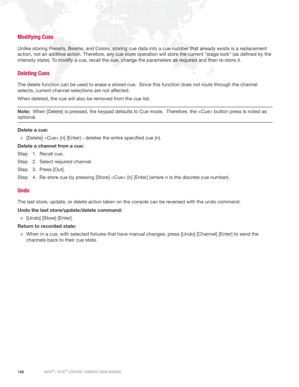 Modifying cues, Deleting cues, Undo | Modifying cues deleting cues undo | PRG V676 User Manual 3.5 User Manual | Page 184 / 444