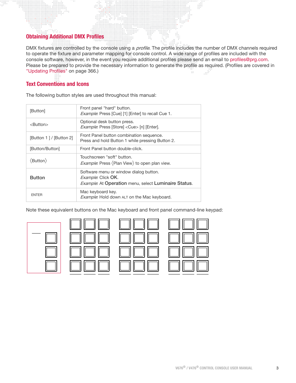 Obtaining additional dmx profiles, Text conventions and icons, Profile | Dmx fixtures are controlled by the console using a, Button, Operation, Luminaire status | PRG V676 User Manual 3.5 User Manual | Page 21 / 444