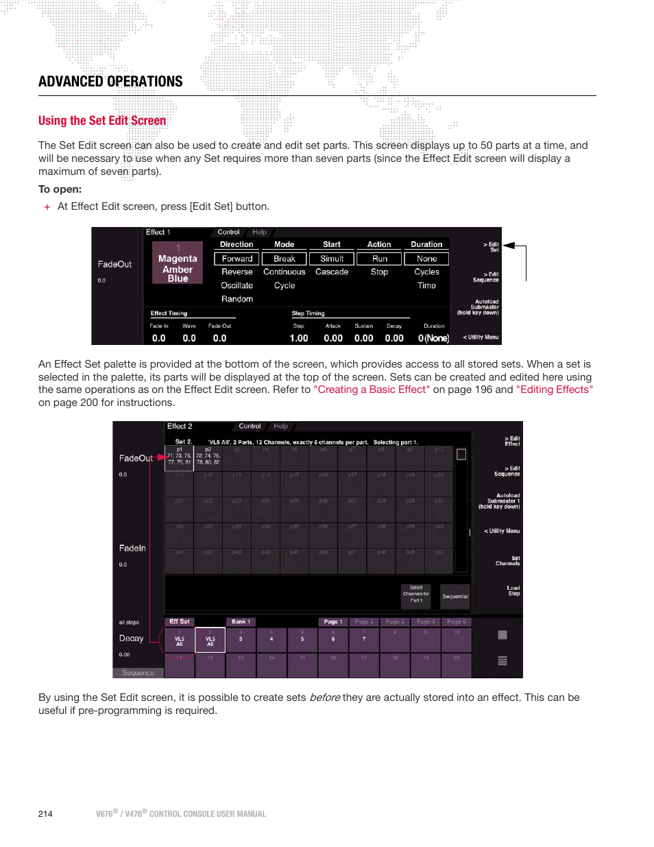 Advanced operations, Using the set edit screen, Using the | Set edit screen | PRG V676 User Manual 3.5 User Manual | Page 232 / 444