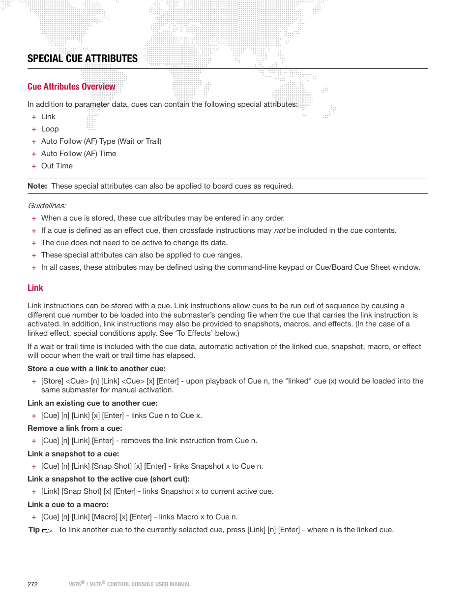 Special cue attributes, Cue attributes overview, Link | Cue attributes overview link | PRG V676 User Manual 3.5 User Manual | Page 290 / 444