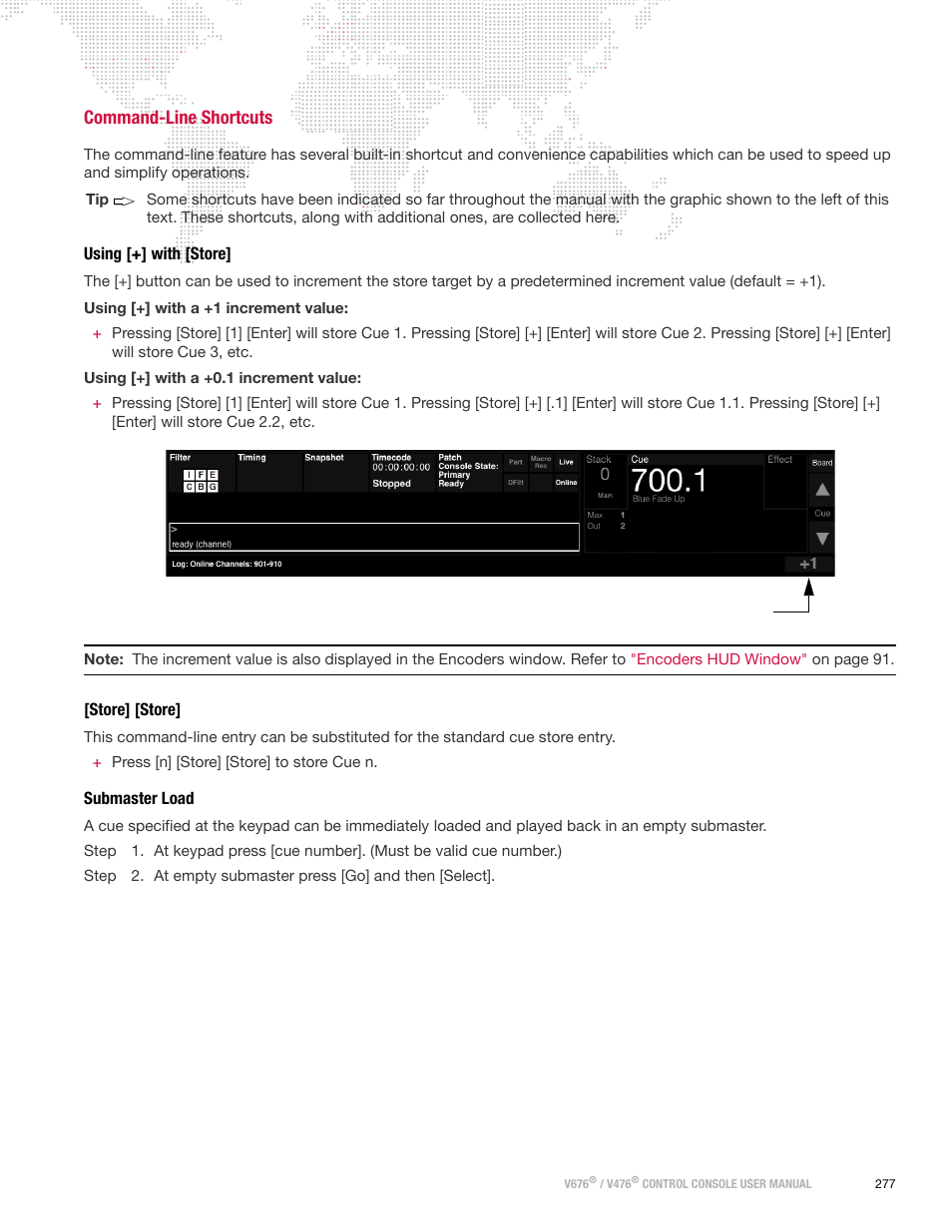 Command-line shortcuts, Using [+] with [store, Store] [store | Submaster load | PRG V676 User Manual 3.5 User Manual | Page 295 / 444