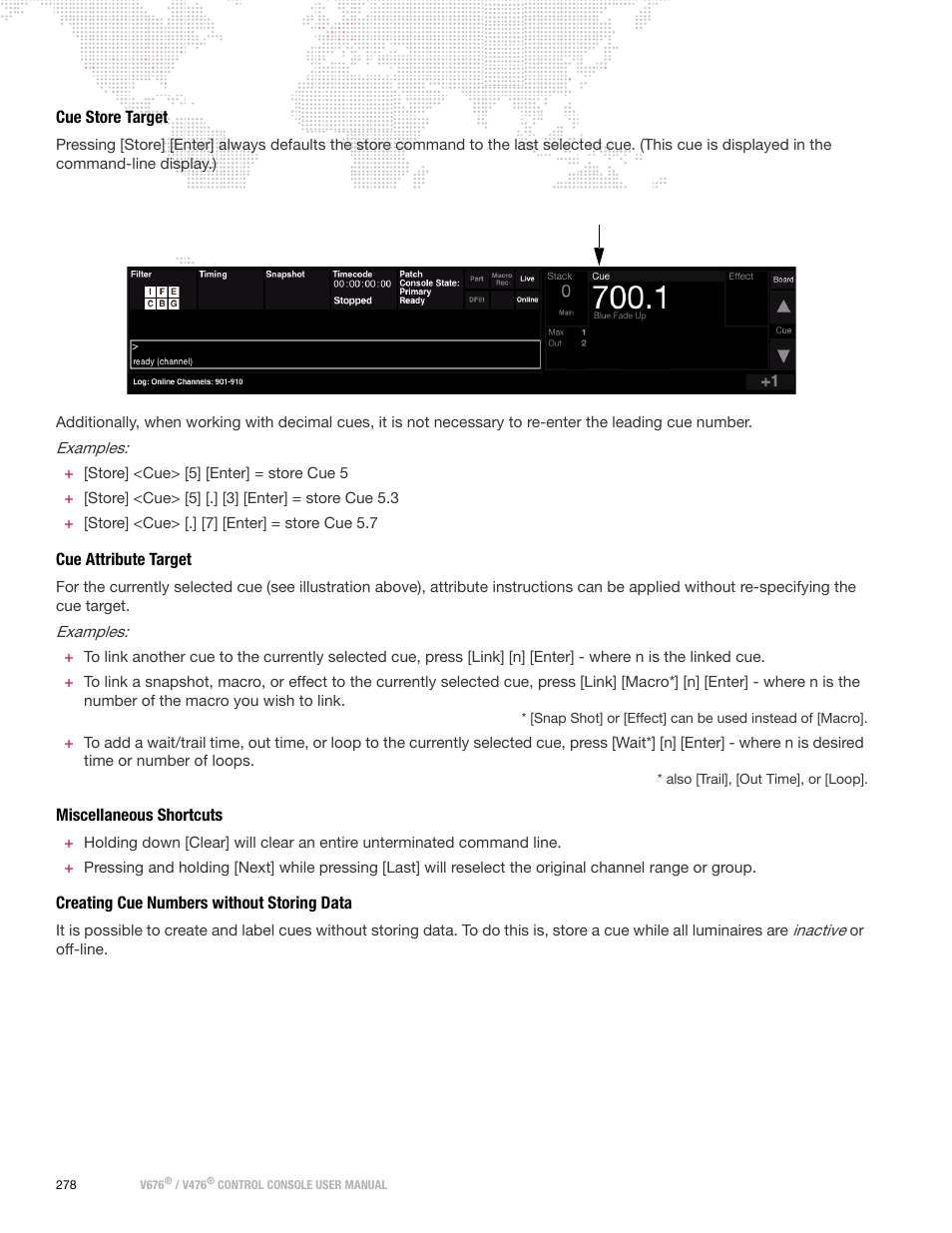 Cue store target, Cue attribute target, Miscellaneous shortcuts | Creating cue numbers without storing data | PRG V676 User Manual 3.5 User Manual | Page 296 / 444