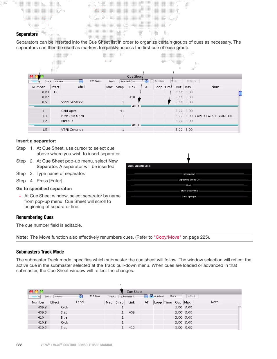 Separators, Renumbering cues, Submasters track mode | Separators renumbering cues submasters track mode | PRG V676 User Manual 3.5 User Manual | Page 306 / 444