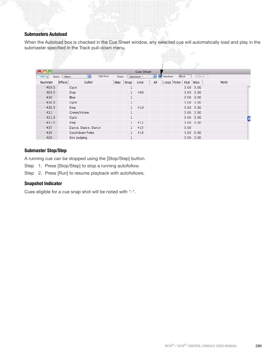 Submasters autoload, Submaster stop/step, Snapshot indicator | PRG V676 User Manual 3.5 User Manual | Page 307 / 444
