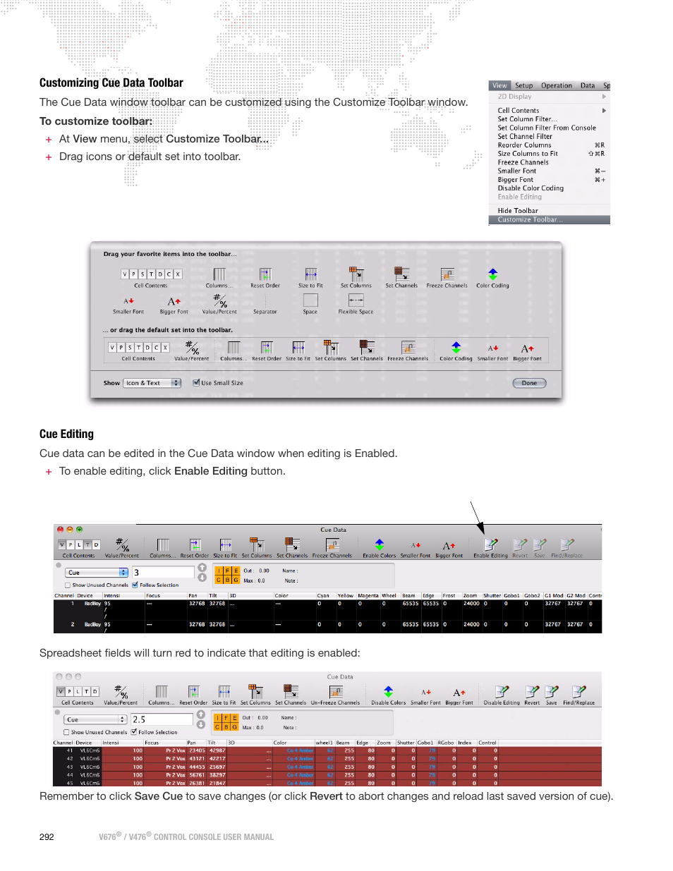 Customizing cue data toolbar, Cue editing, Customizing cue data toolbar cue editing | PRG V676 User Manual 3.5 User Manual | Page 310 / 444
