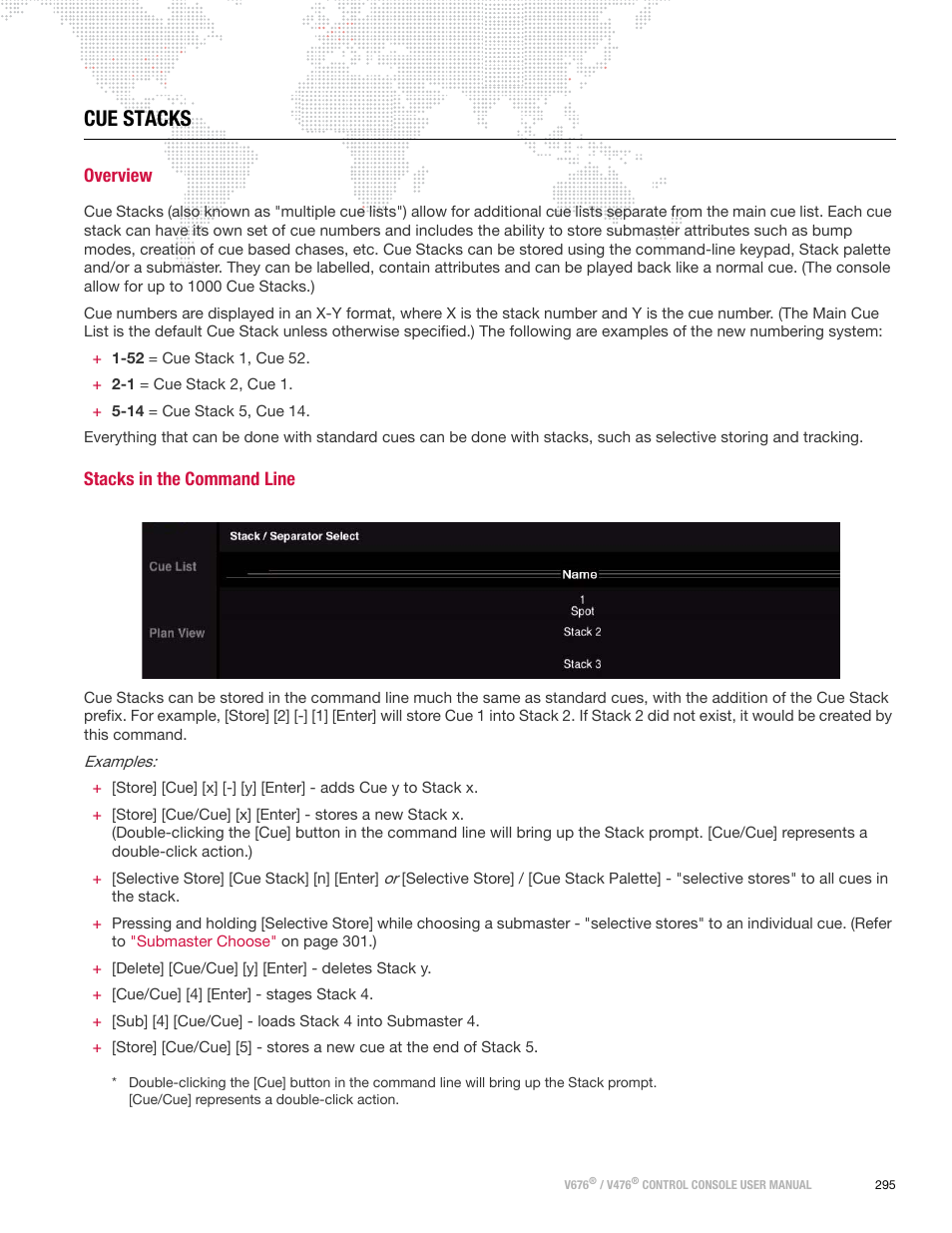 Cue stacks, Overview, Stacks in the command line | Overview stacks in the command line | PRG V676 User Manual 3.5 User Manual | Page 313 / 444