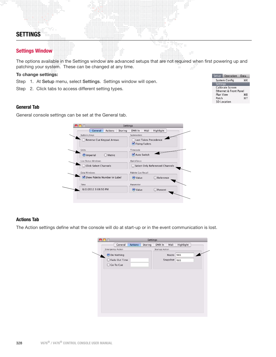 Settings, Settings window, General tab | Actions tab, General tab actions tab, Window | PRG V676 User Manual 3.5 User Manual | Page 346 / 444