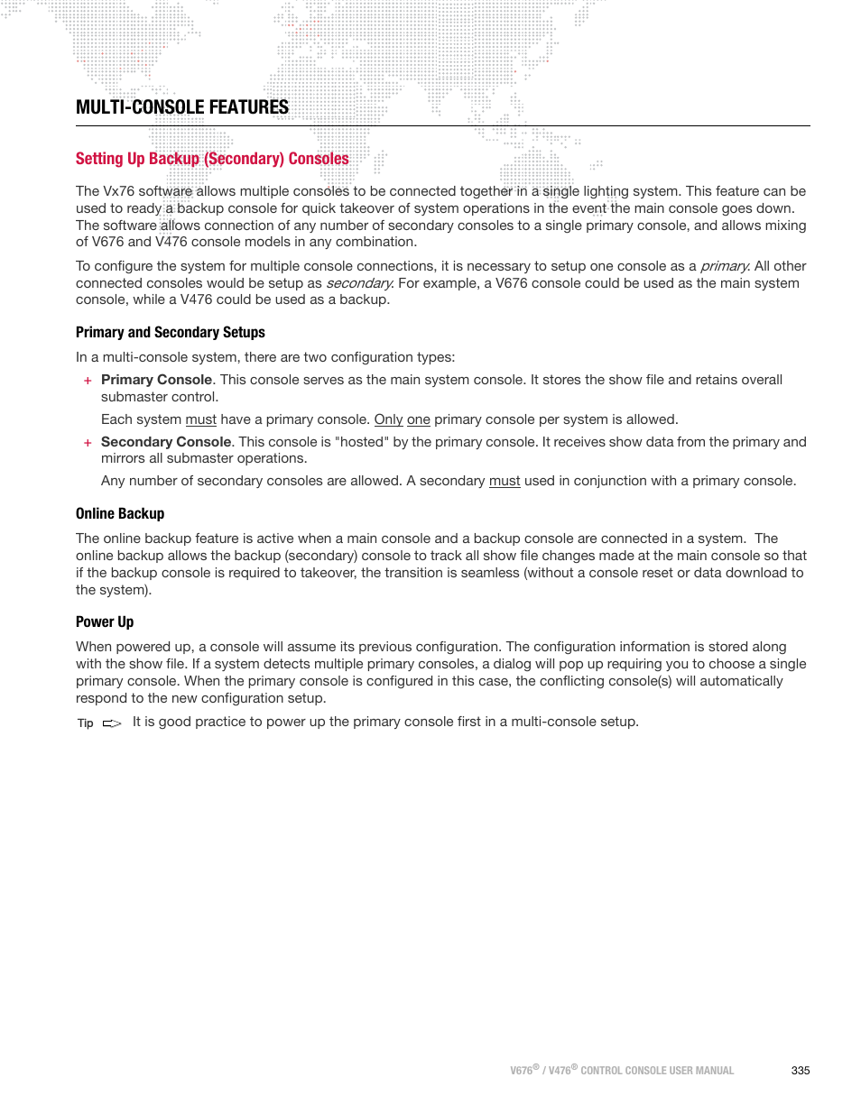 Multi-console features, Setting up backup (secondary) consoles, Primary and secondary setups | Online backup, Power up | PRG V676 User Manual 3.5 User Manual | Page 353 / 444