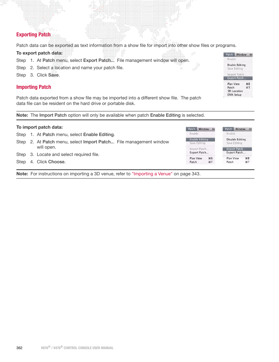 Exporting patch, Importing patch, Exporting patch importing patch | PRG V676 User Manual 3.5 User Manual | Page 380 / 444