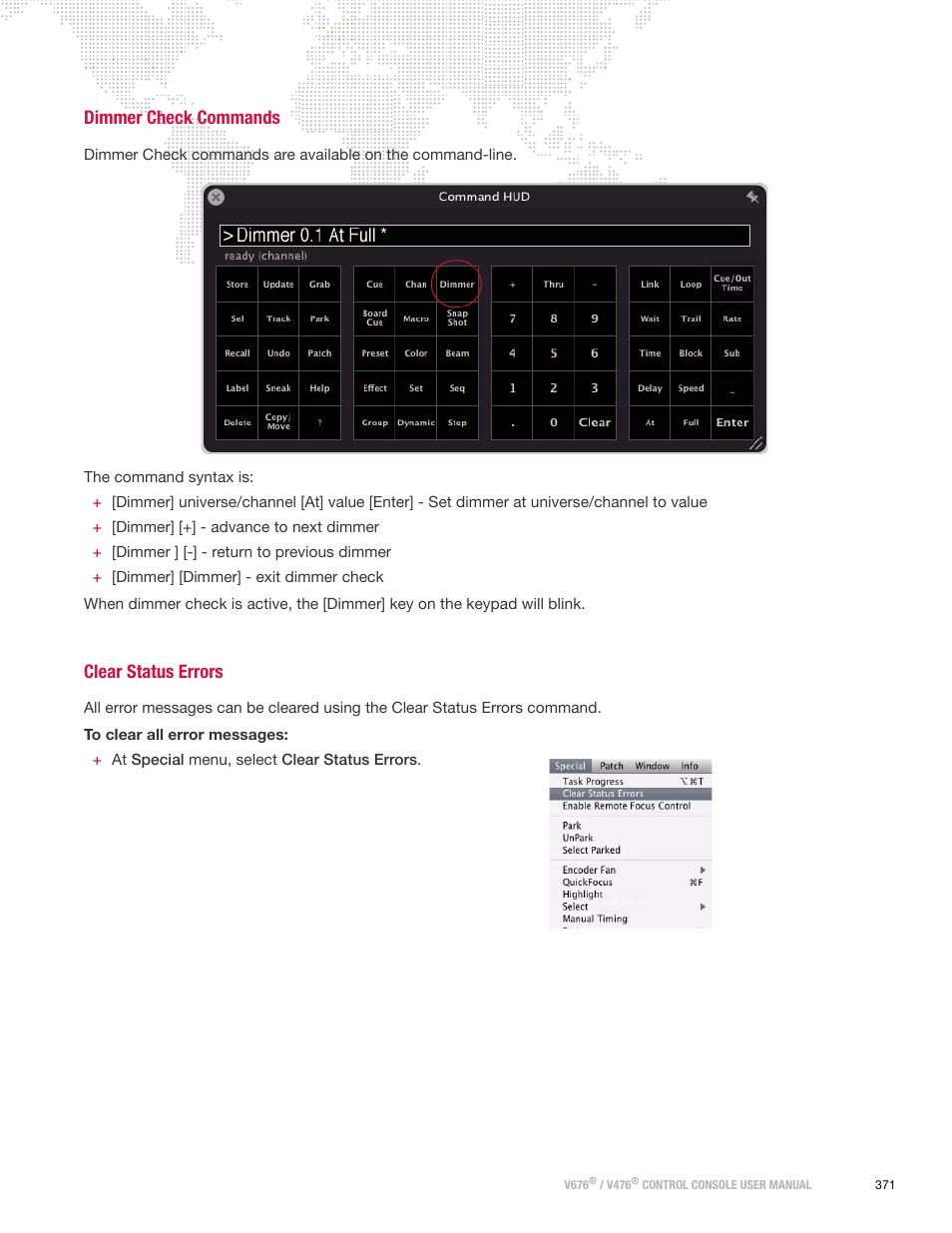 Dimmer check commands, Clear status errors, Dimmer check commands clear status errors | PRG V676 User Manual 3.5 User Manual | Page 389 / 444