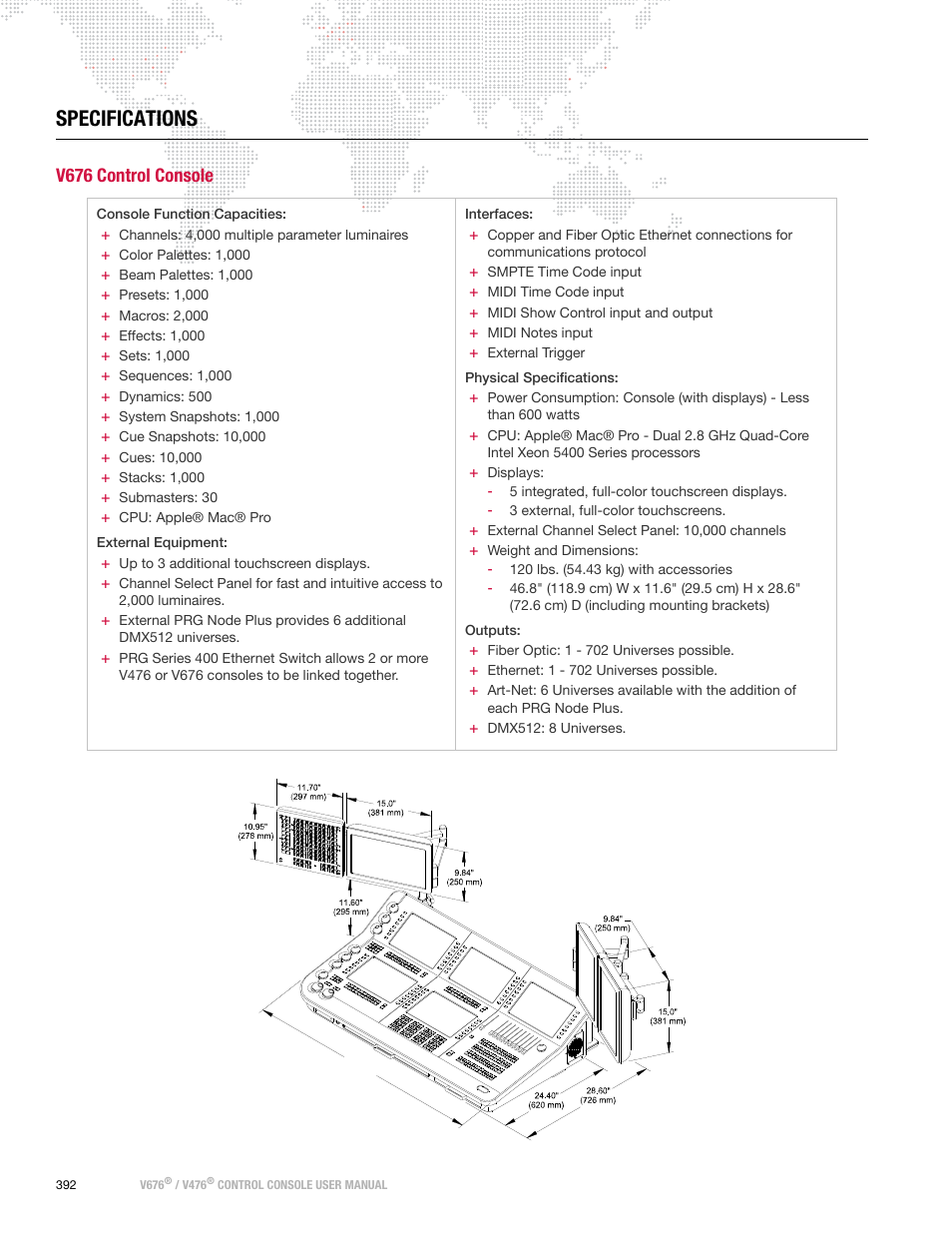 Specifications, V676 control console | PRG V676 User Manual 3.5 User Manual | Page 410 / 444