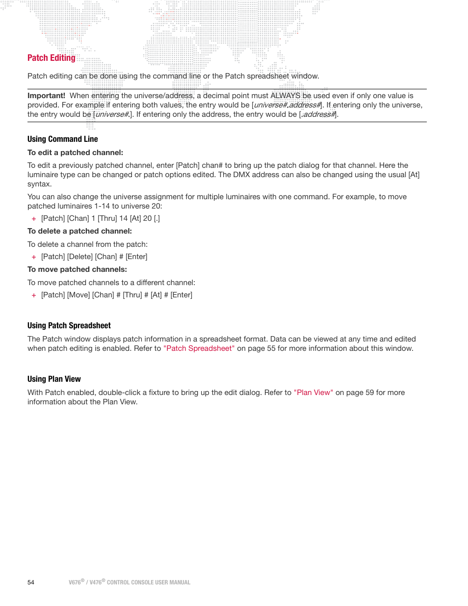 Patch editing, Using command line, Using patch spreadsheet | Using plan view | PRG V676 User Manual 3.5 User Manual | Page 72 / 444