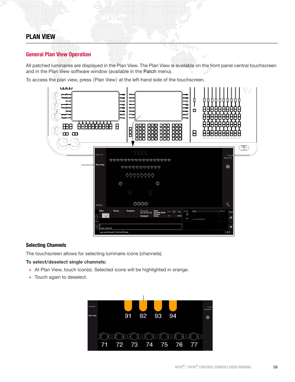 Plan view, General plan view operation, Selecting channels | PRG V676 User Manual 3.5 User Manual | Page 77 / 444