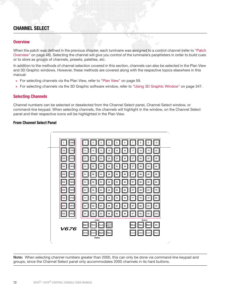 Channel select, Overview, Selecting channels | From channel select panel, Overview selecting channels | PRG V676 User Manual 3.5 User Manual | Page 90 / 444