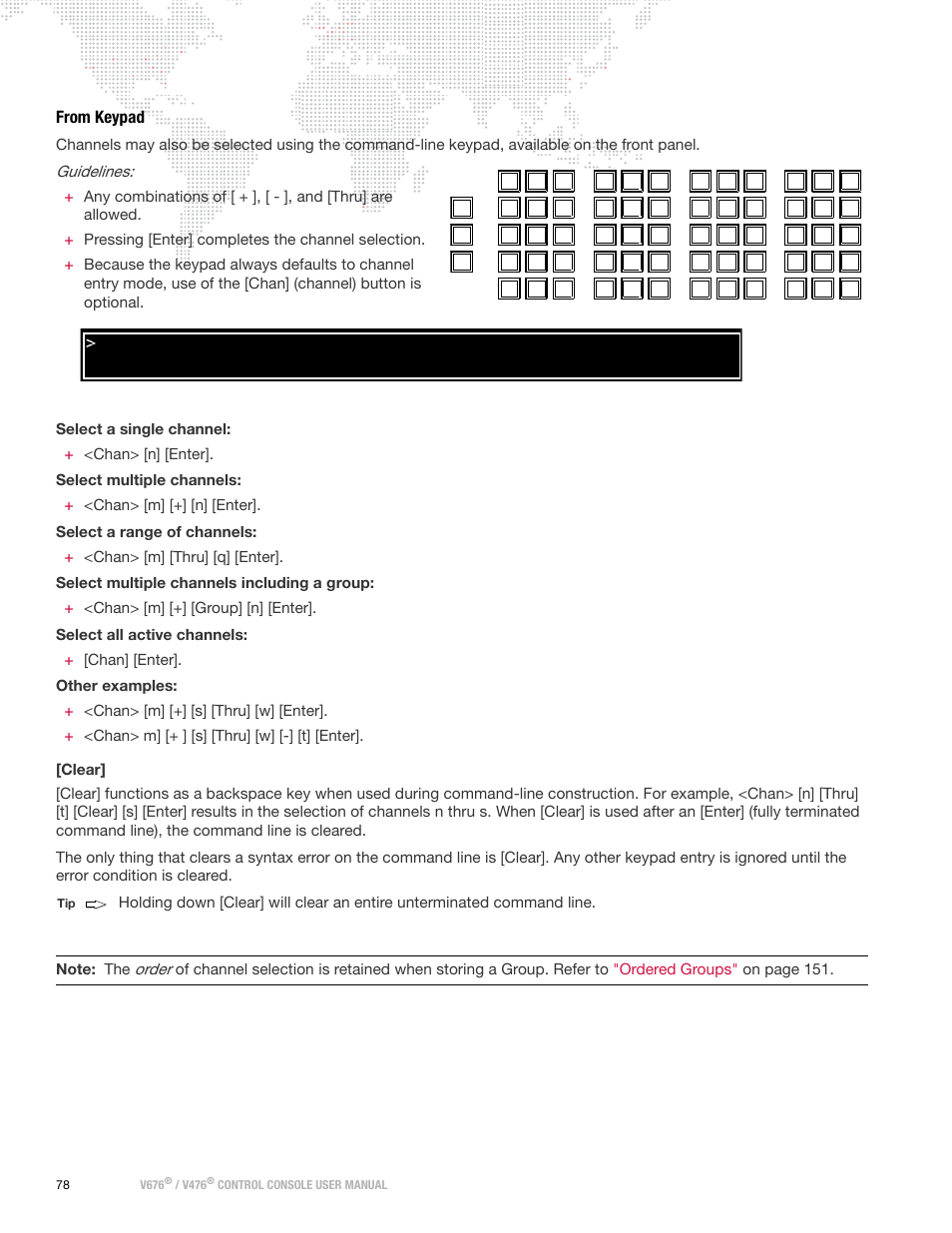 From keypad, Guidelines, Order | V476, Control console user manual, Ready (channel) tip | PRG V676 User Manual 3.5 User Manual | Page 96 / 444