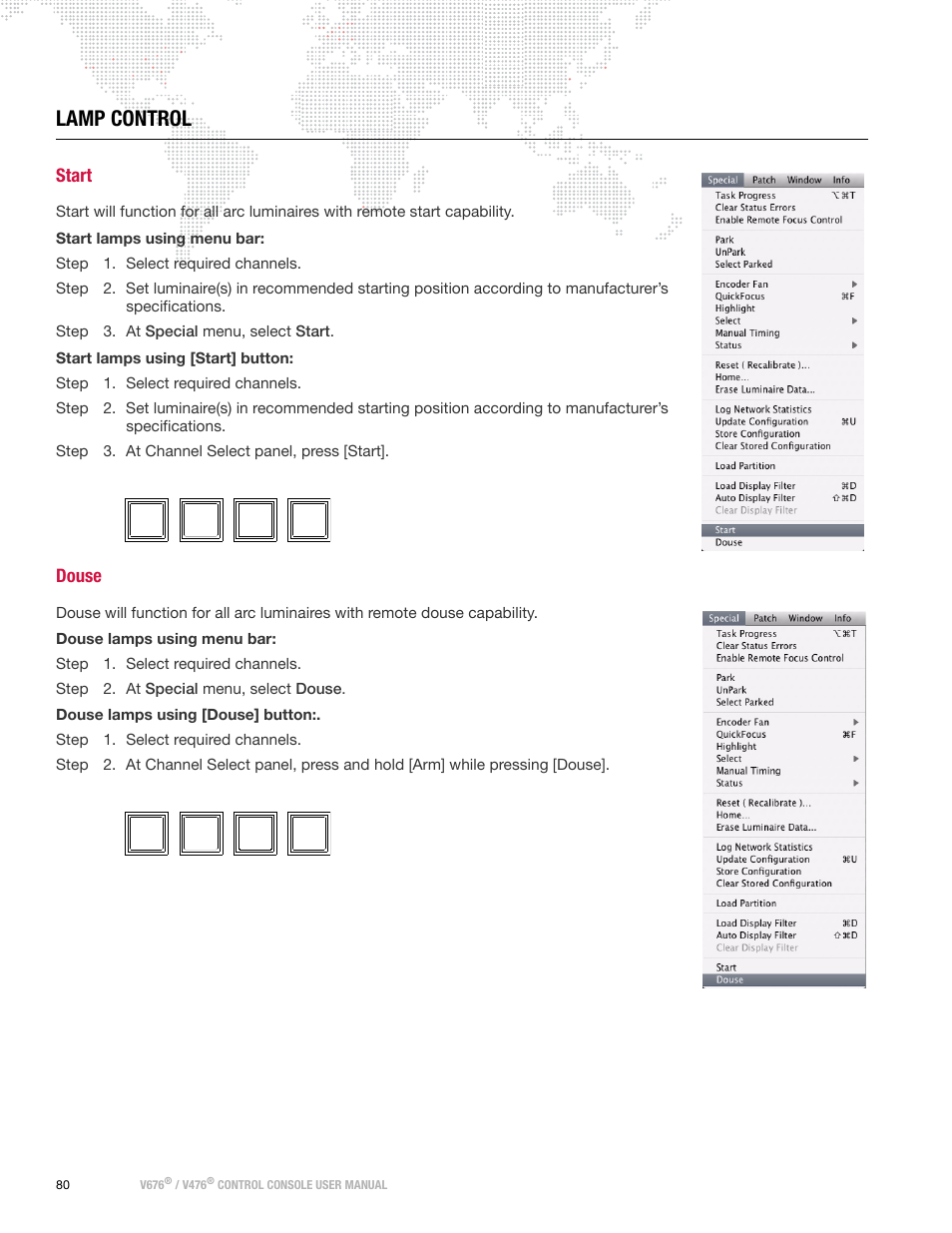 Lamp control, Start, Douse | Start douse | PRG V676 User Manual 3.5 User Manual | Page 98 / 444