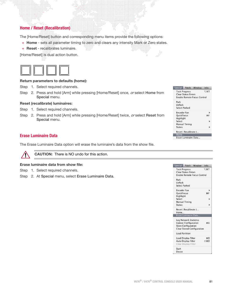 Home / reset (recalibration), Erase luminaire data, Home / reset (recalibration) erase luminaire data | PRG V676 User Manual 3.5 User Manual | Page 99 / 444