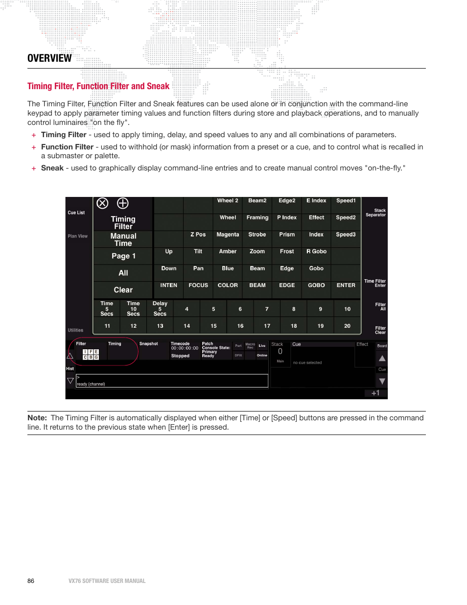 Overview, Timing filter, function filter and sneak | PRG Vx76 User Manual 3.6 User Manual | Page 102 / 418