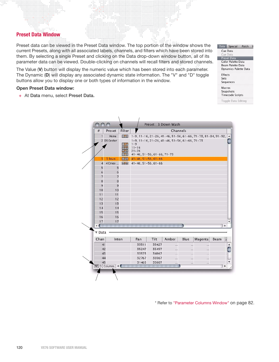 Preset data window | PRG Vx76 User Manual 3.6 User Manual | Page 136 / 418