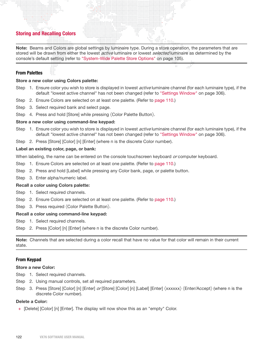 Storing and recalling colors, From palettes, From keypad | From palettes from keypad | PRG Vx76 User Manual 3.6 User Manual | Page 138 / 418