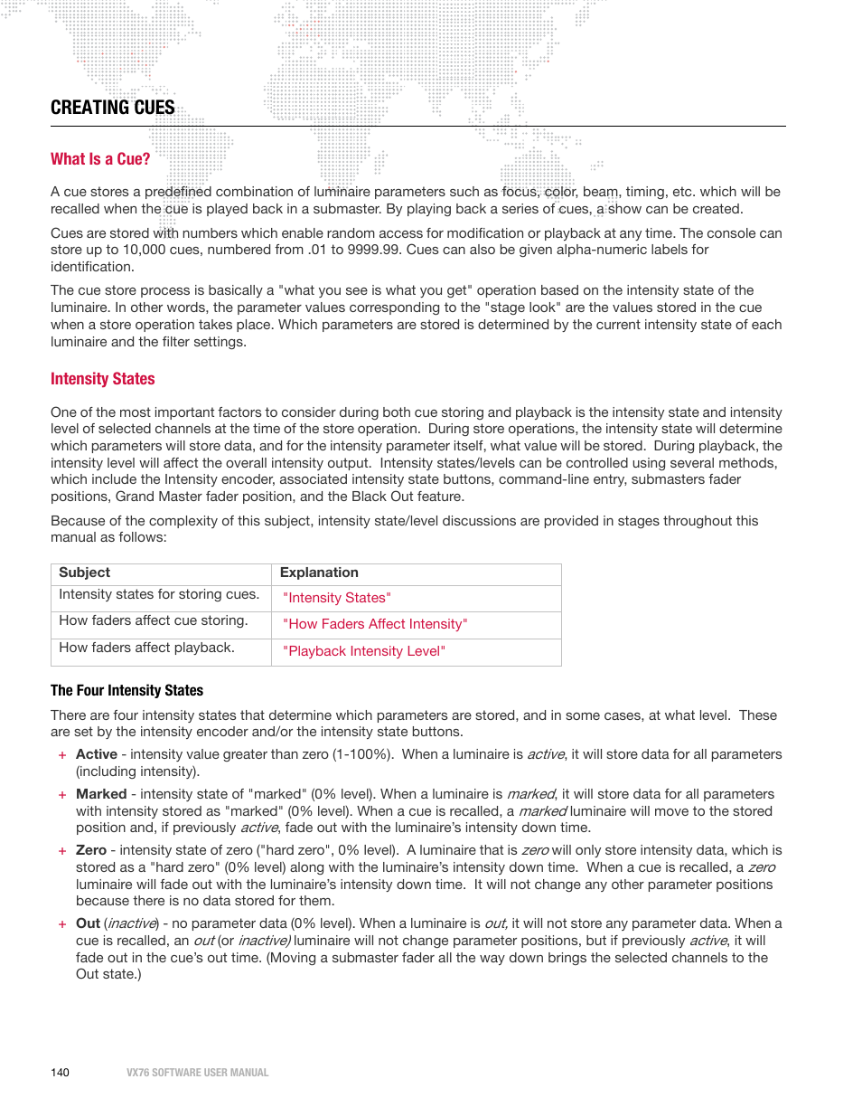 Creating cues, What is a cue, Intensity states | The four intensity states, What is a cue? intensity states | PRG Vx76 User Manual 3.6 User Manual | Page 156 / 418